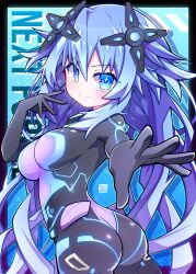 absurdres aijiro83 black_bodysuit blue_background blue_eyes blush bodysuit breasts choujigen_game_neptune commentary highres large_breasts long_hair looking_at_viewer neptune_(series) next_purple power_symbol power_symbol-shaped_pupils purple_heart_(neptunia) reaching reaching_towards_viewer shin_jigen_game_neptune_vii smile symbol-shaped_pupils