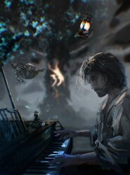 2boys absurdres beard black_hair clair_obscur:_expedition_33 commentary dark_background english_commentary esquie_(clair_obscur:_expedition_33) facial_hair flying grey_shirt highres instrument lamp messy_hair multiple_boys music mustache piano playing_instrument playing_piano ren_lnk shirt sitting verso_(clair_obscur:_expedition_33)