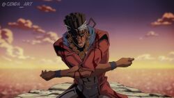 abs alternate_universe araki_hirohiko_(style) bantu_knots belt blood cloud dark-skinned_male dark_skin derivative_work fingernails genda_art headband highres jojo_no_kimyou_na_bouken lower_teeth_only male_focus mohammed_avdol muscular muscular_male stardust_crusaders sweat teeth vento_aureo