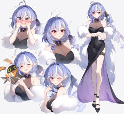 1girl :p ? @_@ ahoge alternate_costume alternate_hairstyle bag bare_legs bare_shoulders black_bow black_bowtie black_dress black_nails black_ribbon black_shoes blush bow bowtie breasts cleavage closed_eyes commentary dress earrings elphe embarrassed english_commentary eous_(zenless_zone_zero) feather_boa finger_to_face hair_ribbon handbag hands_on_own_face heart highres holding holding_bag jewelry large_breasts legs long_dress long_hair looking_at_viewer mole mole_under_eye multicolored_hair multiple_views nail_polish one_eye_closed open_mouth pointy_ears puff_of_air purple_hair ribbon see-through_cleavage see-through_clothes shoes streaked_hair tongue tongue_out very_long_hair vivian_(zenless_zone_zero) zenless_zone_zero