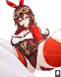 1girl amber_(genshin_impact) bicio breasts brown_eyes brown_hair brown_shorts cameltoe cleavage crossed_bangs finger_to_mouth genshin_impact gloves gluteal_fold goggles goggles_on_head hair_between_eyes hair_ribbon heart heart-shaped_pupils highres long_hair looking_at_viewer medium_breasts patreon_username red_ribbon ribbon short_shorts shorts signature simple_background sitting smile solo spread_legs symbol-shaped_pupils thigh_grab thighhighs white_background white_thighhighs