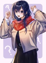 Rule 34 | 1girl, ?, absurdres, black dress, black eyes, black hair, brown jacket, chinese commentary, commentary request, dress, hair between eyes, highres, jacket, kanato04249580, long hair, long sleeves, looking at viewer, nanami touko, open mouth, red scarf, scarf, school uniform, solo, tohmi higashi high school uniform, yagate kimi ni naru