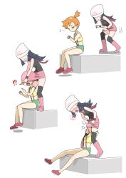 !? 2girls ass asymmetrical_hair beanie black_hair black_thighhighs blush boots breasts clothes_lift clothes_pull crop_top dawn_(pokemon) female_pervert hair_ornament hat highres long_hair microsd_(pibo) miniskirt misty_(pokemon) multiple_girls musical_note navel nintendo nose_blush one_eye_closed open_mouth orange_hair over-kneehighs pervert pink_skirt pokemon pokemon_(anime) pokemon_(classic_anime) pokemon_dppt_(anime) ponytail red_scarf scarf shirt shoes short_hair short_shorts shorts side_ponytail sitting skirt skirt_lift skirt_pull sleeveless sleeveless_shirt socks standing suspenders thighhighs thighs yellow_shirt yuri