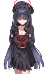 1girl absurdres bby black_choker black_gloves black_hair black_sailor_collar black_serafuku black_skirt blue_archive choker cowboy_shot gloves highres justice_task_force_member_(blue_archive) long_hair long_sleeves neckerchief pleated_skirt red_neckerchief sailor_collar school_uniform serafuku simple_background skirt solo third-party_edit white_background