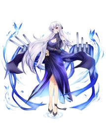 1girl absurdres azur_lane bare_shoulders belfast_(azur_lane) belfast_(the_noble_attendant)_(azur_lane) black_shoes blue_butterfly braid breasts bug butterfly champagne_flute cleavage cocktail_dress criss-cross_halter cup dress drinking_glass elbow_gloves evening_gown full_body gloves half_up_braid halter_dress halterneck highres insect large_breasts long_hair looking_at_viewer official_alternate_costume purple_eyes purple_gloves shoes simple_background solo standing variant_set very_long_hair white_background white_hair zecond