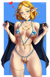 1girl bikini blonde_hair blush braid breasts cape cleavage collarbone commentary elf english_commentary gluteal_fold green_eyes hair_ornament hairclip heart highres jewelry legs long_hair looking_at_viewer medium_breasts micro_bikini nail_polish navel nintendo partially_visible_vulva pointy_ears princess_zelda shiny_skin short_hair smile solo spoken_heart standing sweat swimsuit the_legend_of_zelda the_legend_of_zelda:_tears_of_the_kingdom thigh_gap thighs ultrabinou venus_bikini