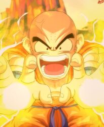 Rule 34 | 1boy, anger vein, angry, aura, bald, bald male, black eyes, dragon ball, highres, ki blast, kuririn, looking at viewer, muscular, muscular male, screaming, serious, solo