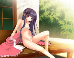 1girl bad_id bad_pixiv_id bamboo bamboo_forest bare_shoulders barefoot bikini black_hair female_focus flat_chest forest hand_on_own_hip houraisan_kaguya kumao_mofumofu lingerie long_hair nature o-ring o-ring_bikini o-ring_top off_shoulder porch red_eyes sitting solo swimsuit touhou underwear veranda white_bikini