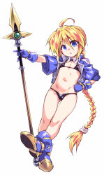 1girl ahoge bikini black_bikini blonde_hair blue_eyes blue_gloves blue_jacket boots braid breasts brown_boots full_body girl_with_a_blonde_braid_(tomoshibi_hidekazu) gloves gluteal_fold hand_on_own_hip highres jacket long_braid long_hair micro_bikini navel original polearm small_breasts solo spear stomach swimsuit thighs tomoshibi_hidekazu very_long_hair weapon