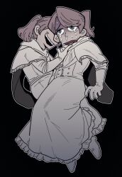 2girls absurdres behind_another black_background bloodborne blue_eyes boned-woo boots brown_hair capelet clone commentary covered_eyes crying crying_with_eyes_open dress elbow_gloves evil_smile frown furrowed_brow gloves hand_on_another&#039;s_chin high_heel_boots high_heels highres index_finger_raised iosefka long_sleeves multiple_girls open_mouth outline ponytail scared short_hair simple_background smile snot stroking_another&#039;s_chin swept_bangs tears turn_pale wavy_mouth white_boots white_capelet white_dress white_gloves white_outline