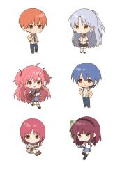 2boys 4girls :d ahoge angel_beats! arms_at_sides black_hairband black_skirt black_thighhighs blue_hair blue_pants blue_skirt blush bow chibi chibi_only closed_mouth green_bow green_eyes guitar gun hair_bow hairband half_updo hand_on_own_hip hashtag-only_commentary highres hinata_hideki holding holding_guitar holding_gun holding_instrument holding_weapon instrument iwasawa_masami jacket kneehighs long_hair long_sleeves looking_at_another looking_at_viewer medium_hair miniskirt multiple_boys multiple_girls nakamura_yuri open_mouth orange_eyes orange_hair otonashi_yuzuru pants pink_eyes pink_hair pleated_skirt ponytail purple_eyes purple_hair red_eyes red_hair saang2cm school_uniform shinda_sekai_sensen_uniform shirt short_hair sitting skirt smile socks standing standing_on_one_leg tachibana_kanade thighhighs two_side_up very_long_hair weapon white_hair white_shirt white_socks yellow_eyes yellow_jacket yui_(angel_beats!) zettai_ryouiki