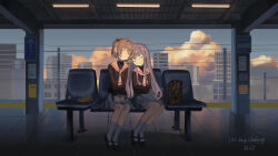 absurdres antenna_hair black_shoes black_sweater brown_bag brown_hair cardcaptor_sakura catzz ceiling_light city closed_eyes cloud commentary_request daidouji_tomoyo hair_bobbles hair_ornament hairband heads_together highres kero_(cardcaptor_sakura) kinomoto_sakura long_hair long_sleeves mary_janes neckerchief on_chair outdoors parted_lips power_lines purple_hair purple_hairband sailor_collar school_uniform shoes short_hair sign sitting skirt sky sleeping socks sweater tomoeda_elementary_school_uniform train_station_platform turtleneck turtleneck_sweater very_long_hair white_neckerchief white_sailor_collar white_skirt white_socks wide_shot