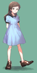 Rule 34 | 1girl, arms behind back, blue dress, brown eyes, brown hair, brown shoes, closed mouth, dress, full body, green background, idolmaster, idolmaster million live!, kitazawa shiho, light frown, long hair, looking at viewer, no socks, shirop imas, shoes, short sleeves, simple background, solo, standing