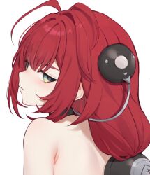 1girl antenna_hair armpit_crease back bare_back bare_shoulders black_choker blush choker closed_mouth commentary cropped english_commentary from_behind green_eyes half-closed_eyes long_hair looking_at_viewer looking_back low_ponytail making-of_available moofie_(artist) paid_reward_available ponytail portrait profile red_hair sidelocks sideways_glance simple_background smile solo turning_head ukinami_yuzuha white_background zenless_zone_zero