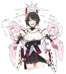 3girls animal_ears blue_archive blush breasts broken_horn chlorella_observation_club_member_(blue_archive) earrings facing_viewer furrowed_brow hair_over_eyes halo horns jewelry knees_out_of_frame kyurosuku large_breasts multiple_girls niya_(blue_archive) open_mouth puff_of_air sideboob sketch smile thighs white_background