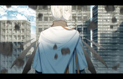 Rule 34 | 1boy, arknights, black border, black shirt, black wings, blonde hair, blue eyes, blurry, blurry foreground, border, building, cape, city, closed mouth, cloud, cloudy sky, coat, crystal wings, day, debris, detached wings, executor (arknights), expressionless, hair between eyes, highres, kirina zero, letterboxed, light frown, long sleeves, looking at viewer, looking back, messy hair, pale skin, pointy nose, ruins, shirt, short hair, sky, skyscraper, solo, sweater, turtleneck, turtleneck sweater, upper body, white cape, white coat, wings