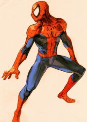 1990s_(style) 1boy 2000 bengus blue_bodysuit bodysuit capcom game_cg highres looking_to_the_side male_focus marvel marvel_vs._capcom marvel_vs._capcom_2 non-web_source official_art red_bodysuit retro_artstyle scan silk simple_background solo spider-man spider-man_(series) spider_web spider_web_print superhero_costume two-tone_bodysuit western_comics_(style)