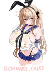 absurdres black_choker black_hairband black_neckerchief black_panties blue_sailor_collar blue_skirt breasts brown_eyes brown_hair chinari_(chinari_chika) choker cosplay cowboy_shot crop_top elbow_gloves gloves hairband heterochromia highleg highleg_panties highres kantai_collection large_breasts looking_at_viewer microskirt miniskirt murasame_(kancolle) murasame_kai_ni_(kancolle) neckerchief one-hour_drawing_challenge panties pleated_skirt sailor_collar shimakaze_(kancolle) shimakaze_(kancolle)_(cosplay) shirt simple_background skirt sleeveless sleeveless_shirt twintails twitter_username underwear white_background white_gloves