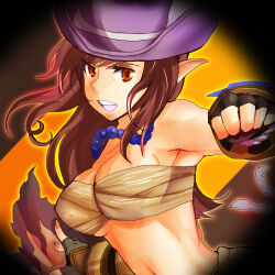 1girl black_gloves breasts brown_eyes brown_hair chest_sarashi cleavage commentary_request cowboy_hat fingerless_gloves gloves hat large_breasts lautrec_v long_hair looking_at_viewer lowres navel open_mouth pointy_ears purple_hat ragnarok_online sarashi solo sura_(ragnarok_online) upper_body