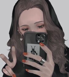 Rule 34 | 1girl, aegyo sal, black eyes, black hoodie, brown hair, card, cellphone, commentary request, ear chain, earrings, eyeshadow, grey background, heart, heart earrings, highres, holding, holding phone, hood, hood up, hoodie, jewelry, linked piercing, long hair, looking at phone, makeup, mano aaa, mole, mole under eye, nail polish, original, phone, phone over face, piercing, red nails, ring, selfie, simple background, sleeves past wrists, smartphone, solo, tarot, tarot card