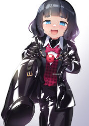 1girl :d ball_gag black_bodysuit black_hair black_suit blue_eyes bodysuit bodysuit_under_clothes bow bowtie crossdressing formal_clothes gag gradient_background half-closed_eyes highres holding_gag jacket latex latex_bodysuit latex_suit naka_(cheeseyeast) open_mouth original pant_suit pants red_bow red_bowtie reverse_trap shiny_clothes shoe_soles short_hair smile solo suit suit_jacket thick_eyebrows tuxedo wiffle_gag