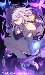 1girl absurdres bare_shoulders black_tiara bright_pupils bug butterfly castorice_(honkai:_star_rail) crying crying_with_eyes_open dress elbow_gloves gloves hair_between_eyes high_heels highres honkai:_star_rail honkai_(series) imasaki_kei insect legwear_cutout long_hair looking_at_viewer navel pantyhose parted_lips pointy_ears purple_butterfly purple_eyes purple_gloves purple_hair shoes solo tears tiara twitter_username white_dress white_pantyhose white_pupils white_shoes