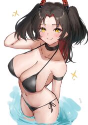 1girl antennae arm_strap bikini black_hair breasts choker fang highres large_breasts looking_at_viewer red_hair short_twintails side-tie_bikini_bottom skin_fang solo soul_(dp11) sparkle standing swimsuit twintails water yellow_eyes z52_(azur_lane)