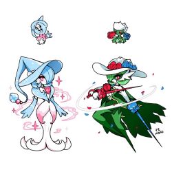 blue_gloves blue_hair blue_hat bob_cut cape elbow_gloves fusion gardevoir gen_3_pokemon gen_4_pokemon gen_8_pokemon gloves green_cape green_hair hair_over_one_eye hat hatterene highres holding holding_sword holding_weapon mamobot mega_gardevoir mega_pokemon nintendo pink_eyes pokemon pokemon_(creature) rapier roserade signature simple_background sparkle sword weapon white_background white_gloves white_hat witch_hat