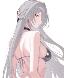1girl absurdres acheron_(honkai:_star_rail) alternate_costume bare_shoulders bikini black_choker breasts bright_pupils choker commentary earrings english_commentary from_behind grey_bikini grey_hair hair_ornament highres honkai:_star_rail honkai_(series) jewelry large_breasts long_hair looking_at_viewer median_furrow official_alternate_color parted_lips red_eyes samlatte shoulder_blades sidelocks sign simple_background solo swimsuit upper_body very_long_hair white_background white_pupils