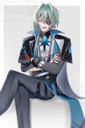 1boy anaxa_(honkai:_star_rail) aqua_hair black_pants chain closed_eyes crossed_arms earrings eyepatch hair_between_eyes highres honkai:_star_rail honkai_(series) jewelry kannaduki_1026 male_focus one_eye_covered pants single_earring sitting solo upper_body watermark