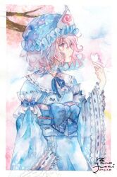 1girl blue_bow blue_hat blue_kimono blue_ribbon border bow branch bug butterfly butterfly_on_hand cherry_blossoms commentary_request cowboy_shot dated floral_print floral_print_kimono frilled_kimono frilled_shirt_collar frills hand_up hat highres insect japanese_clothes kimono long_sleeves mob_cap obi obiage obijime painting_(medium) parted_lips pink_eyes pink_hair print_kimono profile ribbon ribbon-trimmed_collar ribbon-trimmed_sleeves ribbon_trim saigyouji_yuyuko sano_naoi sash short_hair signature sleeve_garter solo touhou traditional_media triangular_headpiece veil watercolor_(medium) white_border wide_sleeves