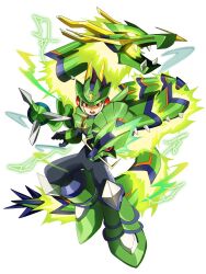 1boy armor assault_visor black_bodysuit bodysuit dragon full_body geo_stelar_(mega_man) green_armor green_helmet helmet highres magainu male_focus mega_man_(series) mega_man_star_force_(series) red-tinted_eyewear simple_background star_force_mega_man tinted_eyewear white_background