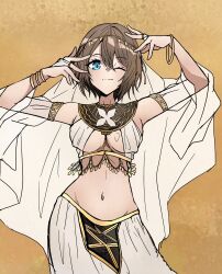 1girl ancient_egyptian_clothes armlet blue_eyes facing_viewer jewelry navel one_eye_closed original short_hair solo stomach veil