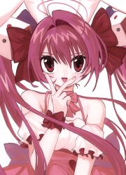1girl :d animal_ears bow bowtie di_gi_charat dice_hair_ornament dress hair_between_eyes hair_bow hair_ornament highres long_hair looking_at_viewer off-shoulder_dress off_shoulder open_mouth pepeppepe101 pink_bow pink_bowtie pink_hair rabbit_ears red_bow red_eyes simple_background smile solo upper_body usada_hikaru v white_background wrist_bow
