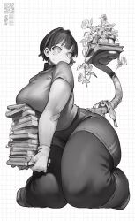 1girl artist_name bandaid barcode book book_stack breasts cat_tail flower flower_pot full_body gloves greyscale highres holding holding_book kgm large_breasts leggings mole monochrome original prehensile_tail qr_code ribbon short_hair solo tail tail_ornament tail_ribbon thick_thighs thighs