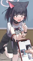 Rule 34 | 1boy, 1girl, absurdres, black hair, blue archive, blush, caught, cellphone, clothes around waist, collar, doodle sensei (blue archive), fingernails, halo, highres, kazusa (blue archive), official alternate costume, open mouth, phone, pink halo, scared, sensei (blue archive), shirt, shirt around waist, short hair, short sleeves, smartphone, toki kimagure