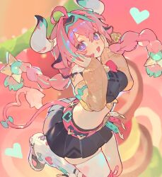 1girl aqua_hair black_skirt braid breasts cow_girl cow_horns genshin_impact heart highres horns looking_at_viewer medium_breasts multicolored_hair open_mouth pink_hair purple_eyes sabu_82 single_thighhigh skirt smile solo thighhighs twin_braids two-tone_hair varesa_(genshin_impact) white_thighhighs