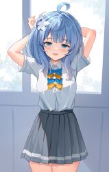 1girl absurdres ahoge arm_behind_head arms_up black_skirt blue_bow blue_bowtie blue_eyes blue_hair blunt_ends blush bow bowtie breasts chinese_commentary collared_shirt commentary_request cowboy_shot fang flower hair_flower hair_ornament hair_over_shoulder highres indoors leaf long_hair long_sidelocks looking_at_viewer make_heroine_ga_oo_sugiru! medium_breasts miniskirt navel open_mouth pleated_skirt school_uniform shirt shirt_tucked_in short_sleeves sidelocks skin_fang skirt smile solo straight-on teeth_bro thighs white_flower white_shirt window wispy_bangs yanami_anna yellow_bow yellow_bowtie