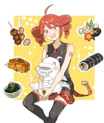 1girl ahoge black_skirt black_thighhighs blush bowl buttons collared_shirt dragon drill_hair drooling food hair_between_eyes hashtag-only_commentary iwashi_(wawaisi_iwasi) kasane_teto kasane_teto_(utau) looking_at_viewer meat miniskirt number_tattoo open_mouth red_eyes red_hair red_tattoo shirt shoulder_tattoo sitting sitting_on_person skirt skirt_set sleeveless sleeveless_shirt solo suki_na_souzai_happyou_dragon_(utau) sushi tattoo teeth thighhighs twin_drills upper_teeth_only utau wing_collar