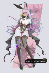 1girl absurdres animal_ears areola_slip black_gloves black_leotard black_panties black_shoes black_thighhighs bow bowtie braid breasts character_name commentary_request crown_braid detached_collar dorothy_(nikke) elbow_gloves empty_eyes fake_animal_ears glitch gloves goddess_of_victory:_nikke hair_bun highres holding holding_stuffed_toy hyotenka_ichido large_breasts leotard long_hair navel panties partially_visible_vulva pink_bow pink_bowtie pink_hair pinne_(nikke) playboy_bunny purple_eyes rabbit_ears shaded_face shoes stuffed_toy thighhighs underwear very_long_hair