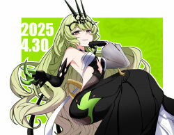 1girl armpits black_claws black_gloves black_tiara border breasts crossed_legs dated gloves green_background green_hair highres honkai_(series) honkai_impact_3rd long_hair mobius_(honkai_impact) nabeiro_kin parted_lips slit_pupils small_breasts solo spikes tiara very_long_hair white_border