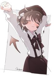 Rule 34 | 1girl, arms up, beret, black skirt, blush, bow, brown hair, closed eyes, closed mouth, collared shirt, commentary request, facing viewer, flower, hair flower, hair ornament, hat, hatoba tsugu, highres, kemonomimi mode, long sleeves, mole, mole under eye, pantyhose, rose, sha2mo, shirt, skirt, solo, suspender skirt, suspenders, tail, tsugu (vtuber), virtual youtuber, white flower, white rose, white shirt