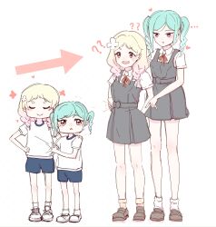 ... 2girls :d :o ? ?? absurdres age_progression aged_down aqua_hair arrow_(symbol) blonde_hair blue_shorts blush braid braided_twintails brown_footwear child chinese_commentary closed_eyes collared_shirt commentary_request confused dress dress_shirt flower full_body grey_dress gym_uniform hair_flower hair_ornament height_difference highres loafers looking_at_another love_live! love_live!_superstar!! low_twin_braids medium_hair multiple_girls neck_ribbon onitsuka_natsumi onitsuka_tomari open_mouth parted_lips partial_commentary pinafore_dress pink_eyes pink_hair pink_socks red_ribbon ribbon role_reversal sangdingting school_uniform shirt shoes short_dress short_eyebrows short_hair short_sleeves shorts siblings simple_background sisters sleeveless sleeveless_dress smile sneakers socks standing summer_uniform thick_eyebrows twin_braids u_u v-shaped_eyebrows white_background white_flower white_footwear white_shirt white_socks yuigaoka_school_uniform