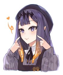 1girl 2021 beret commentary gradient_hair hat heart highres hololive hololive_english long_sleeves multicolored_hair ninomae_ina&#039;nis orange_hair pointing pointing_at_self pointy_ears portrait puffy_long_sleeves puffy_sleeves purple_eyes purple_hair signature smile solo tentacle_hair virtual_youtuber yun-yang