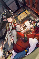 1boy 2girls :t absurdres arzuros_(armor) ass black_hair blush breasts brown_eyes closed_eyes closed_mouth commentary_request cushion dango dutch_angle eating food hair_ornament hakama hakama_skirt highres hinoa holding holding_food indoors japanese_clothes kimono long_hair looking_at_viewer looking_back master_utsushi medium_breasts minoto monster_hunter_(series) monster_hunter_rise multiple_girls no_shoes pointy_ears red_hakama sanshoku_dango siblings sisters sitting skirt socks soles tatami twins very_long_hair wagashi wariza wavy_mouth white_kimono white_legwear yamano_(yamanoh) zabuton
