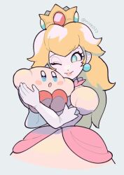 Rule 34 | :o, blonde hair, blue eyes, blush stickers, carrying, carrying person, commentary, cropped torso, crossover, crown, dress, earrings, elbow gloves, facing viewer, gloves, hands up, jewelry, kirby, kirby (series), long hair, looking at another, looking to the side, mario (series), ni re, nintendo, no nose, one eye closed, open mouth, pink dress, pink lips, princess peach, puffy sleeves, smile, sphere earrings, standing, twitter username, wavy hair, white background, white gloves
