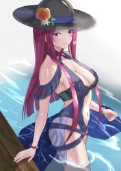 1girl bare_shoulders black_hat blue_one-piece_swimsuit blush breasts casual_one-piece_swimsuit cleavage closed_mouth clothing_cutout dress_swimsuit fire_emblem fire_emblem_engage fire_emblem_heroes flower hat hat_flower highres ivy_(fire_emblem) ivy_(summer)_(fire_emblem) large_breasts long_hair looking_at_viewer mole mole_on_cheek mole_under_mouth navel nintendo official_alternate_costume one-piece_swimsuit purple_eyes purple_hair smile solo stomach stomach_cutout swimsuit tarutaru193 water water_drop wet