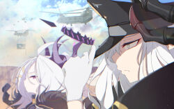 2girls adjusting_clothes adjusting_headwear ahoge aircraft black_coat blue_archive blue_sky blurry box cargo ch-47_chinook cloud cloudy_sky coat coat_on_shoulders commentary_request container demon_girl demon_horns depth_of_field forehead fur-trimmed_coat fur_trim glaring gloves grey_eyes hair_between_eyes hair_ornament hairclip half_updo halo hat helicopter highres hina_(blue_archive) horns long_hair long_sleeves looking_afar looking_at_another makoto_(blue_archive) military_uniform multiple_girls open_clothes open_coat outdoors peaked_cap pointy_ears profile purple_eyes sidelocks sky solo_focus wavy_hair white_gloves white_hair wind yamabuki_ryuu