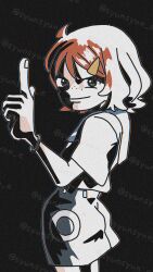1girl ahoge aqua_eyes black_background bracelet closed_mouth cowboy_shot freckles hair_ornament hairpin highres jewelry nami&#039;s_fangirl one_piece one_piece_fan_letter orange_hair profile sailor_collar short_sleeves shorts solo syunsyun_e twitter_username