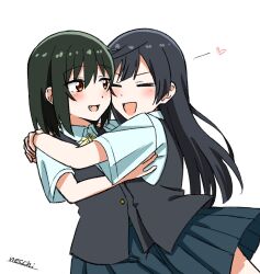 2girls :d =_= arms_around_neck black_hair brown_eyes collared_shirt dress_shirt fang green_hair grey_skirt grey_vest happy heads_together heart highres hug long_hair love_live! love_live!_nijigasaki_high_school_idol_club mifune_shioriko multiple_girls necchi neck_ribbon nijigasaki_school_uniform open_mouth pleated_skirt ribbon school_uniform shirt short_hair short_sleeves signature skirt smile upper_body v-shaped_eyebrows vest white_shirt yellow_ribbon yuki_setsuna